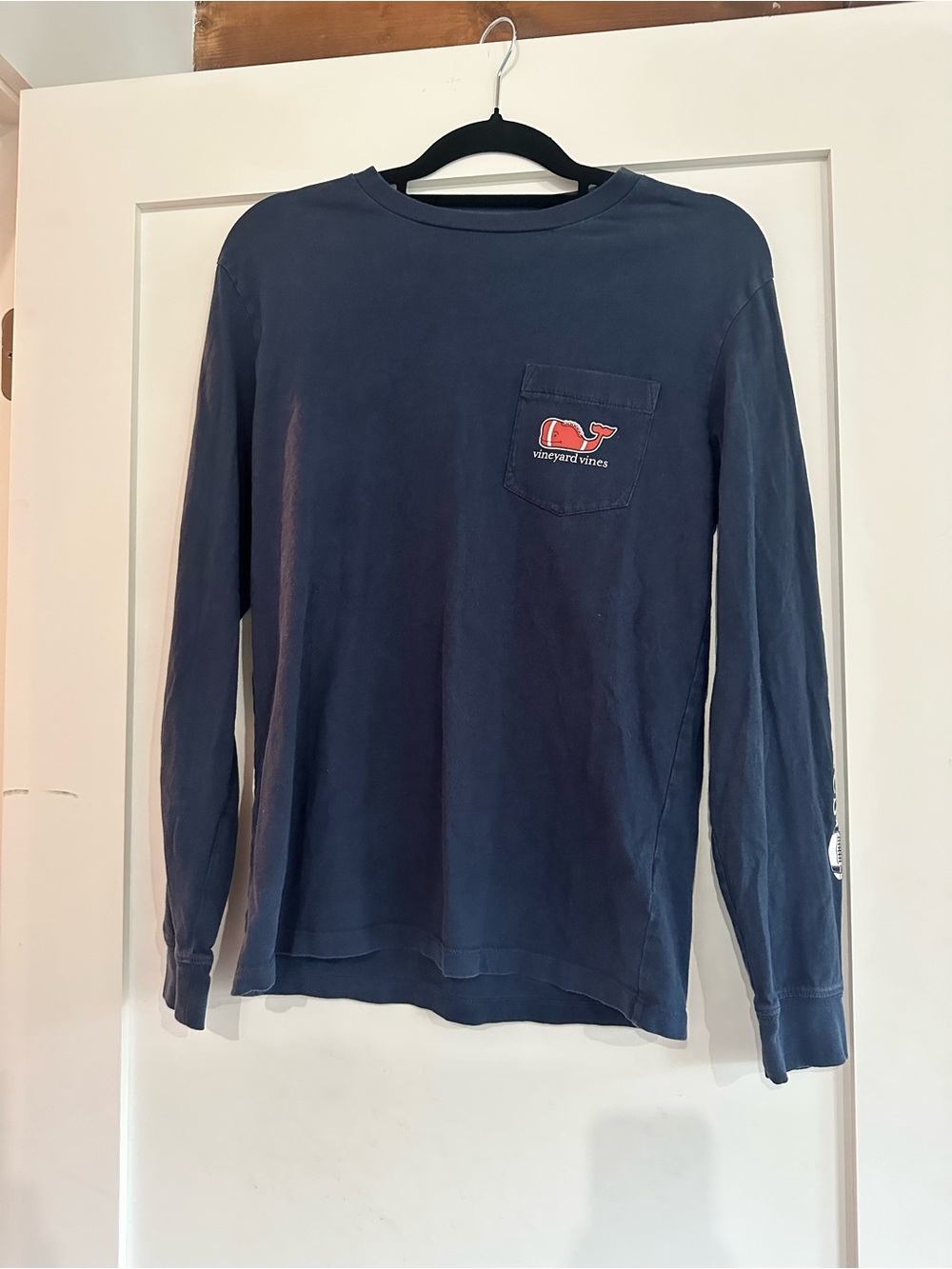 Vineyard Vines Navy Whale Football Long Sleeve Tee with White Logo XS